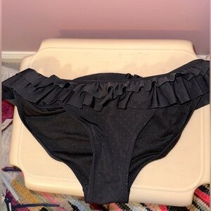 Black polka dot bikini bottom with ruffle trim